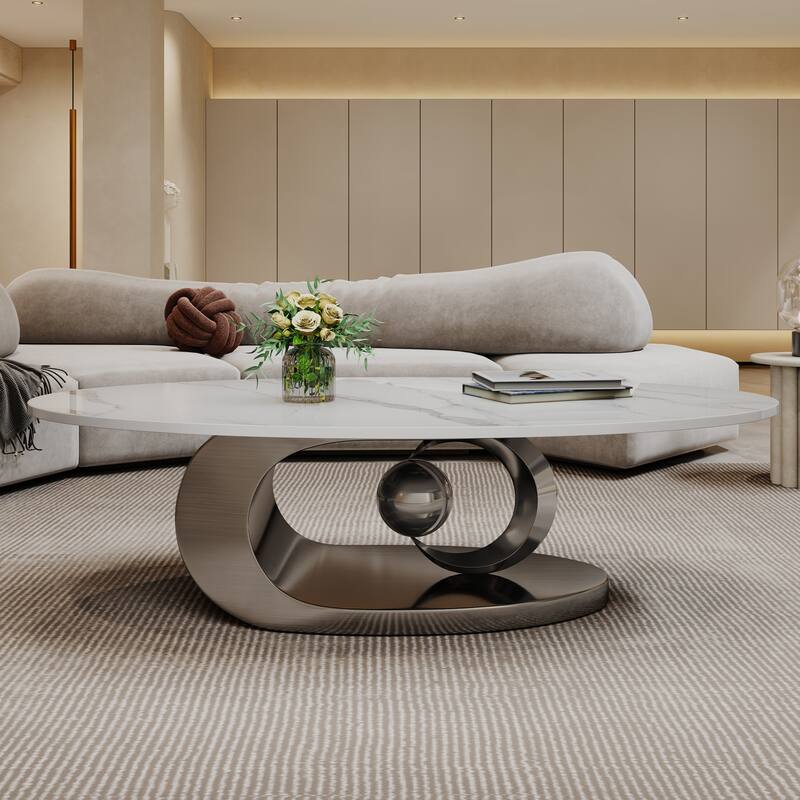GDFStudio - Contemporary 49.2" Oval Sintered Stone Coffee Table with Sculptural Stainless Steel Base & Anti-tip Adjustable Feet
