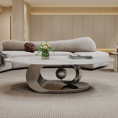 Modern Coffee Table End Table with Sculptural Stainless Steel Base, Dining Table Accent Table with Marble Top