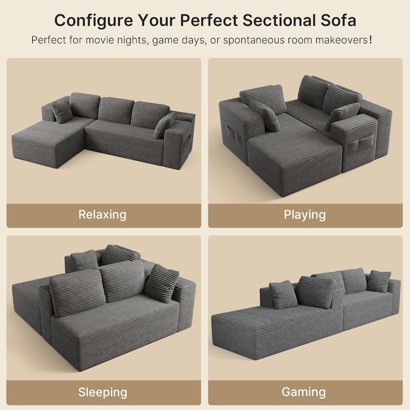 105" Cloud Sectional Couch with L-Shape Chaise, Modular Boneless Sofa, Upholstered Corduroy Couch