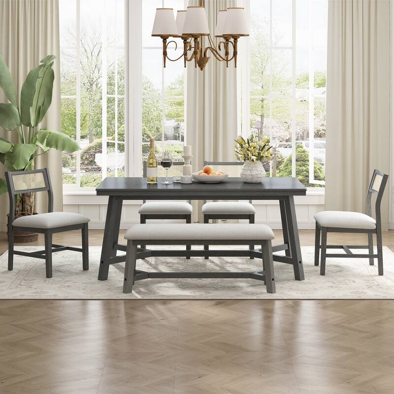 6-piece Retro Farmhouse Style Dining Set, Rectangular Table and 4 Upholstered Chairs with Rattan and Bench