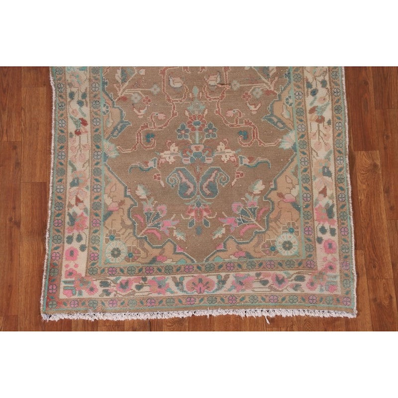 Brown Mahal Persian Vintage Runner Rug Handmade Wool Carpet - 3'4" x 9'3"