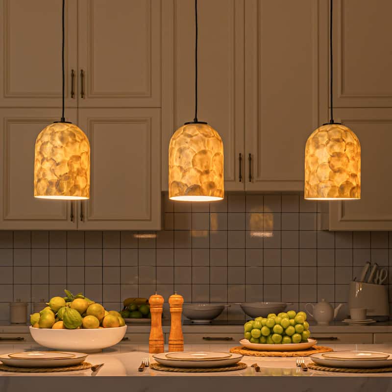 1-Light 7'' Modern Farmhouse Natural Capiz Seashell Single Pendant Light Coastal Cylinder Hanging Light For Kitchen - W7''