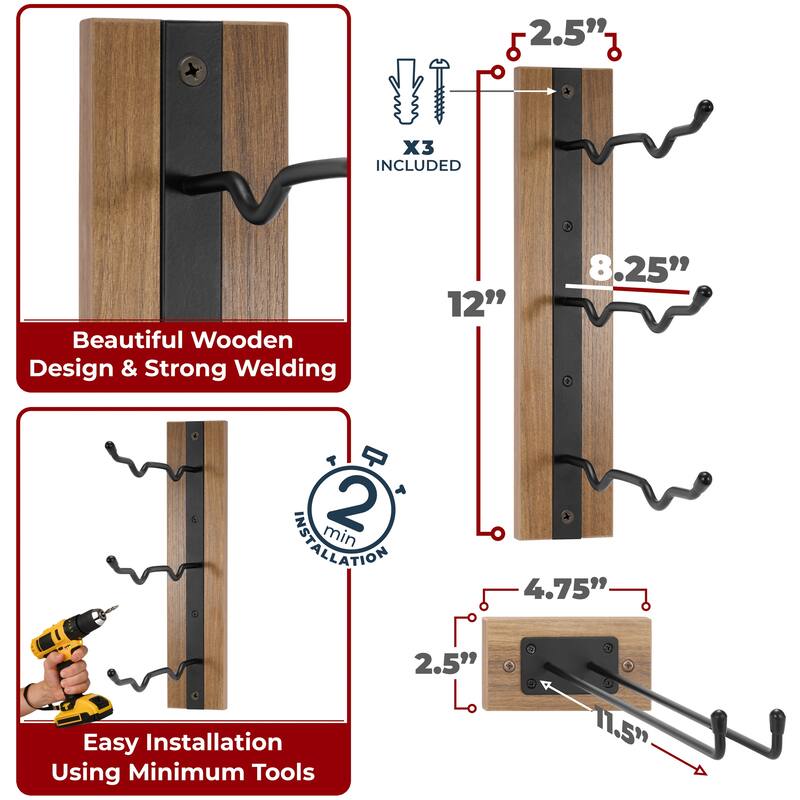 Wine Rack and Glass Holder Wall Mounted (6Pc) - 12"L x 4.75"W x 2.5"H