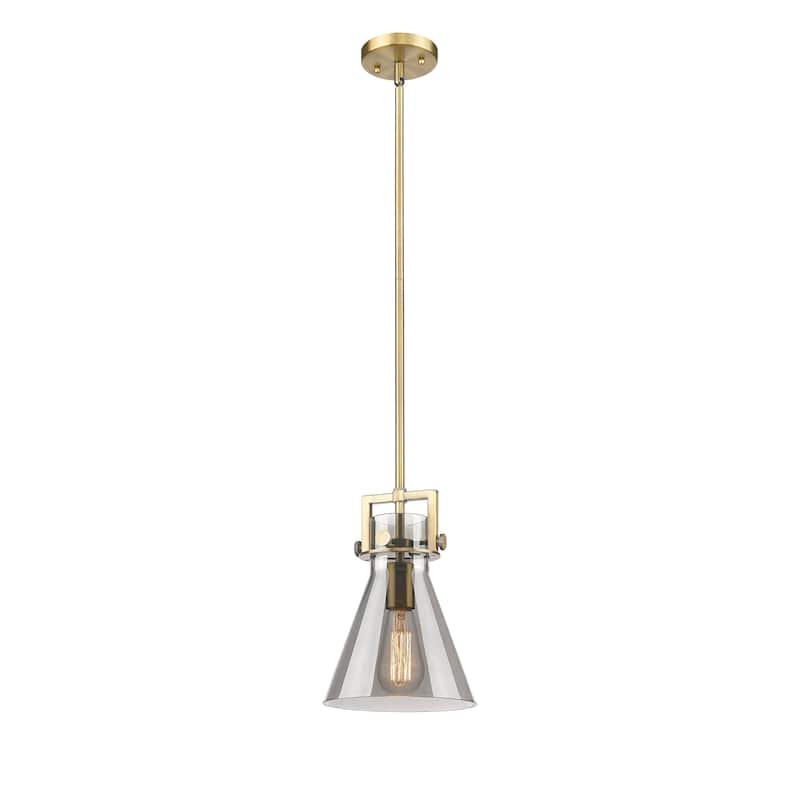 Innovations Lighting Newton Cone - 1 Light 8" Stem Hung Pendant - Brushed Brass/Light Smoke