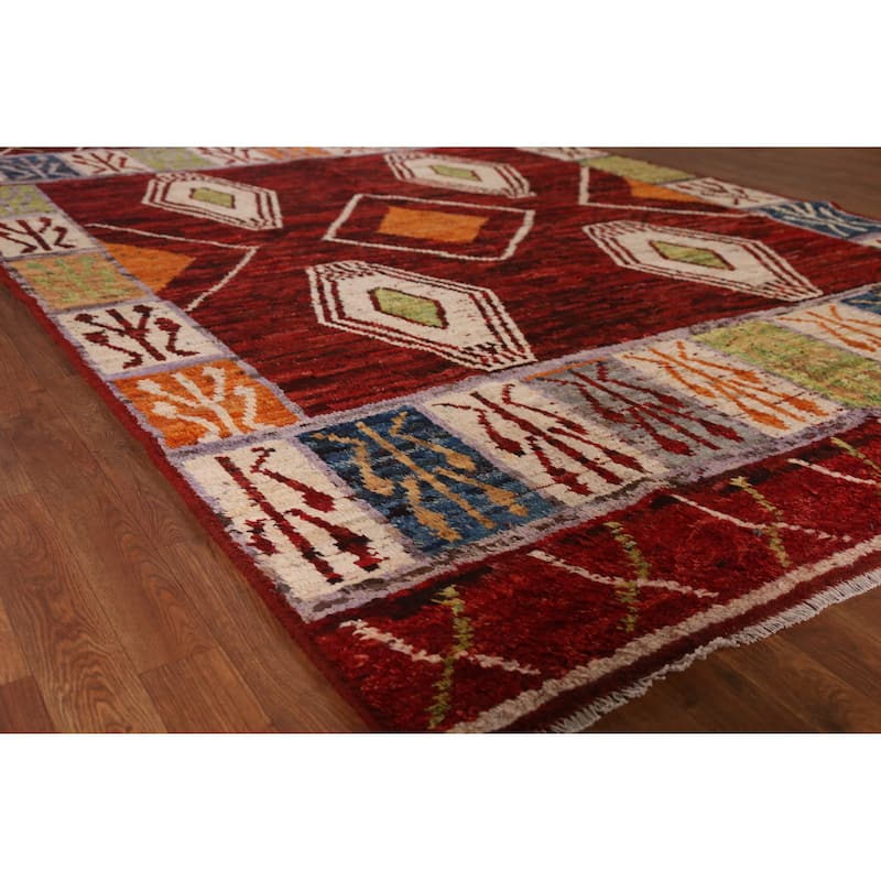 Red Geometric Moroccan Area Rug Hand-Knotted Wool Carpet - 6'10" x 9'9" - 6'10" x 9'9" - Red