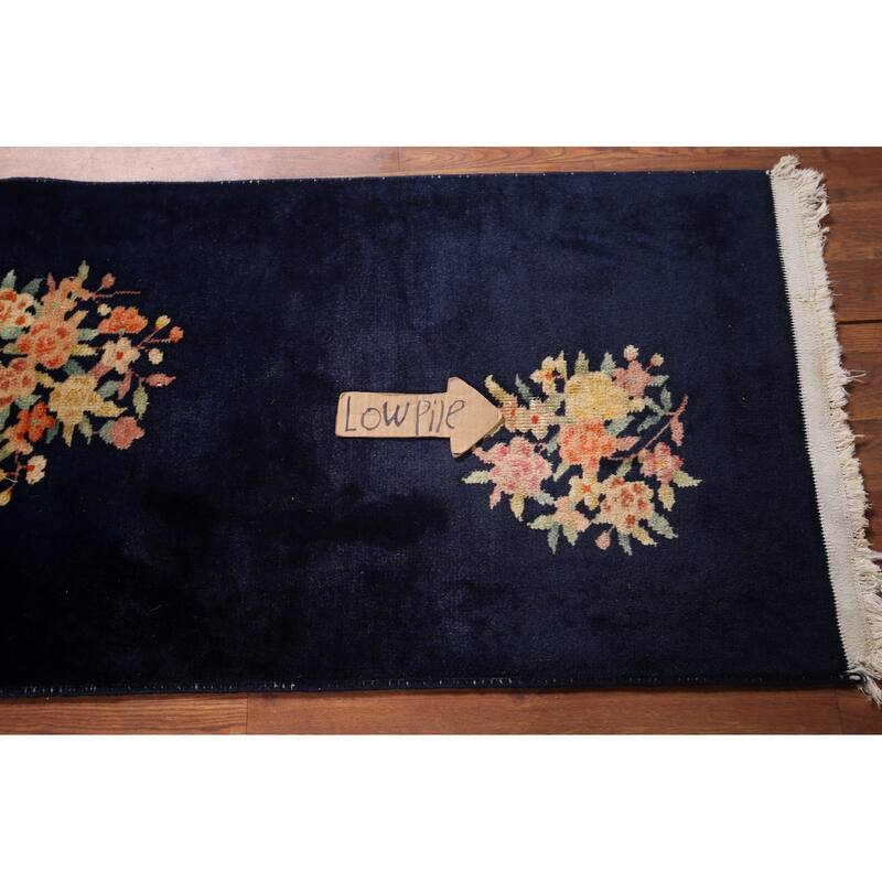 Navy Blue Floral Art Deco Chinese Accent Rug Hand-Knotted Wool Carpet - 2'0"x 3'11"
