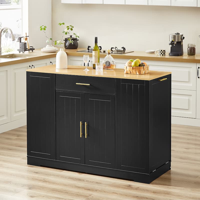 53" Kitchen Storage Islands with Drawers and Trash Can Storage for Kitchen & Dining, 53.2"W x 20.9"D x 38.0"H - Black