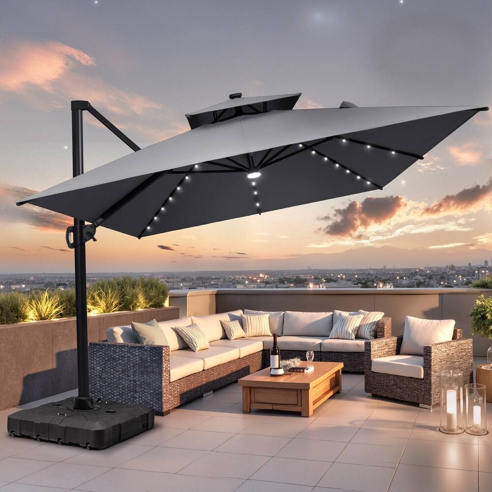 9 X 11 FT Outdoor Patio Cantilever Umbrella with Solar Lights All-Weather Wheeled Base Double Canopy 360 Rotation Tilt