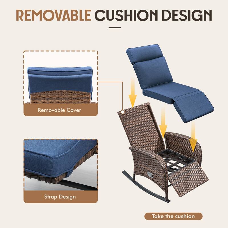 Meyreso Wicker Rocking Reclining Chaise Lounge with Adjustable Backrest & Footrest