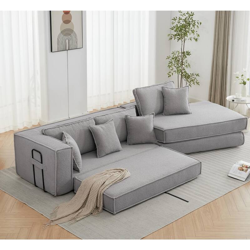 133" Lamb Velvet Convertible Sectional Sleeper Sofa with 7 Pillows