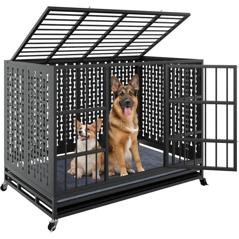 BOSSIN 48/42/38 inch Heavy Duty Dog Crate, Dog Cage for Large Dogs, Escape Proof Dog Kennel with Wheels and Removable Tray - New-42INCH - Black