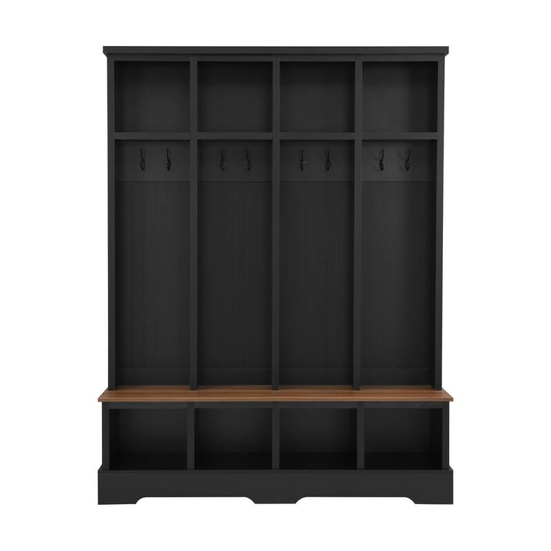 Farmhouse 59"W Wide Hall Tree with 8 Hooks, Practical Entryway Bench with Open Compartments