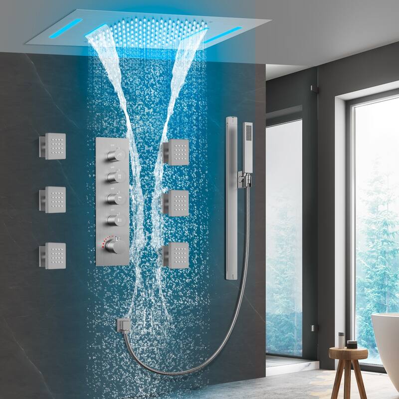 64 LED Thermostatic Shower Faucet 22"x15" Rainfall & Waterfall Shower System 5 Way Digital Display Valve w/ 6 Body Jets - Silver