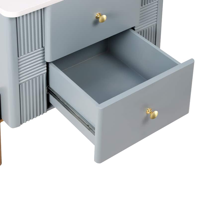 Modern Nightstand with 2 Storage Drawer, Fluted Bedside Table with Golden Metal Handles and Legs