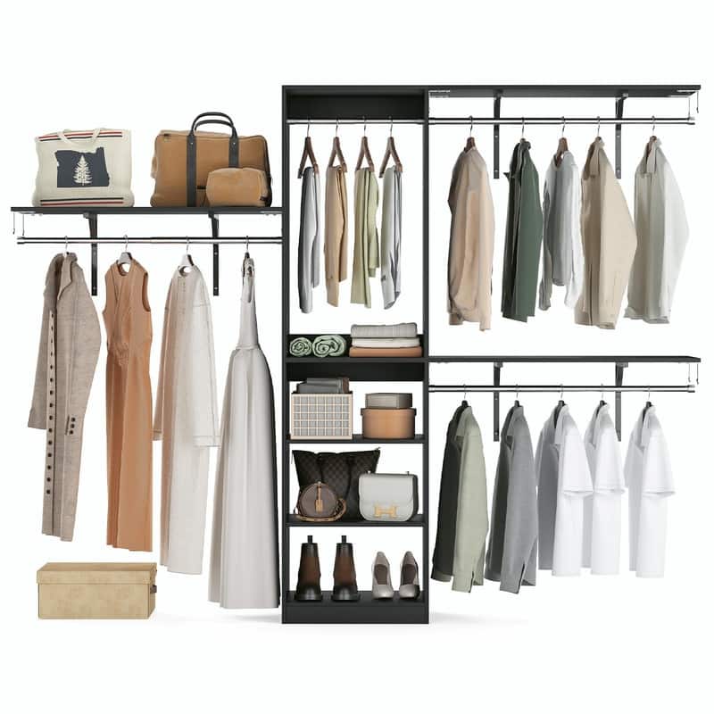 Heavy-Duty Wood Walk-In Closet Organizer - Adjustable Wardrobe System with 4 Hanging Rods & 5 Shelves for 8 ft Spaces - Black