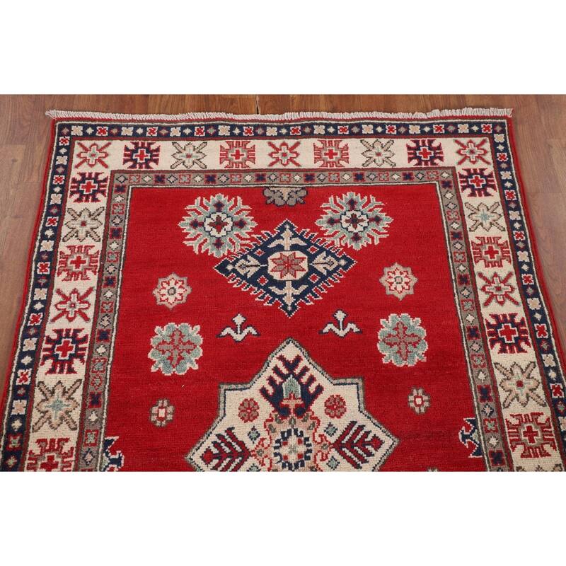 Kazak Accent Rug Hand-Knotted Red Geometric Wool Carpet - 3'4" x 5'0"