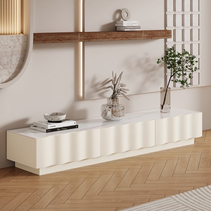 Modern Cream TV Stands with 3-6 Drawers, White Media Console with Glossy Sintered Stone Tabletop - 70.87" & 3 Drawers