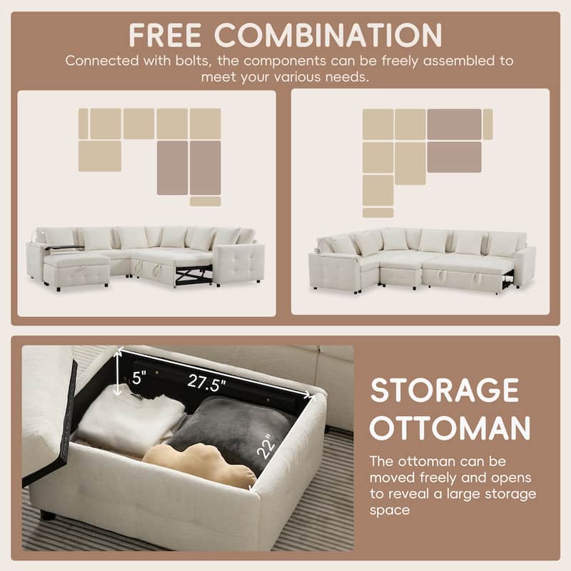 Roomfitters 117"x90" Modular Sectional Sofa Bed with Pull-Out Design, Flip-Up Table, Charging Ports, Storage Ottoman