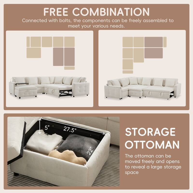 Tufted Chenille Sectional Sofa with Pull-out Bed, Flip-up Table Panel, Reading Lamp, Charging Ports, Storage Ottoman, 6 Pillows