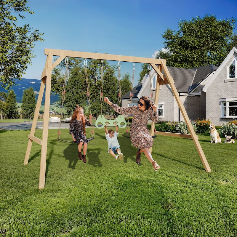 EROMMY All-Weather Cedar Wooden Swing Set - 2 Belt Swings & Trapeze Bar for Kids Backyard - Wood