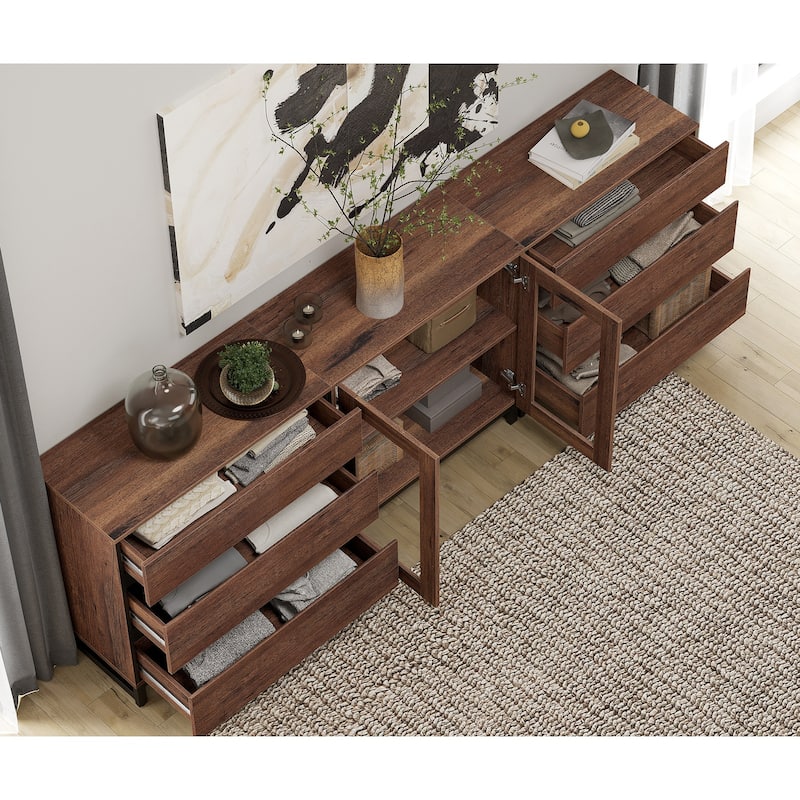 WAMPAT 3 in 1 Multifunctional Dresser with Glass Doors and 6 Drawers, Modern Chest of Drawers for Bedroom