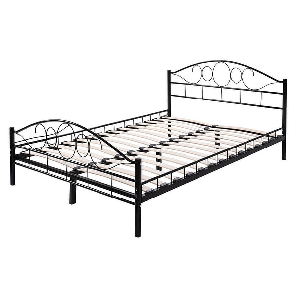 Costway Queen Size Wood Slats Steel Bed Frame Platform Headboard Footboard Black
