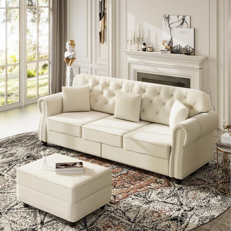 82.6" Velvet Sofa with Button Tufted, 3 Pillows and 1 Ottoman - Beige