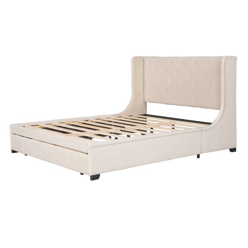 Velvet Upholstered Bed Platform Bed Frame Queen Size Wingback Bed with Tufted Headboard and Large Storage Drawer