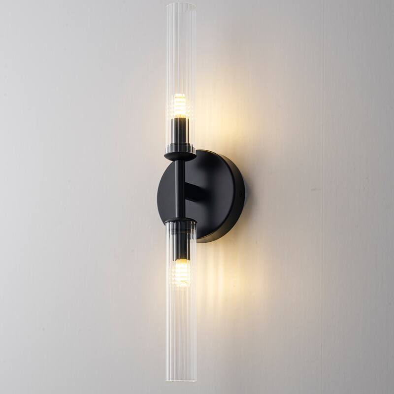 2-Light Mid-Century Modern Brushed Gold/Matte Black Finish Linear Vanity Light with Clear Striped Glass for Bathroom