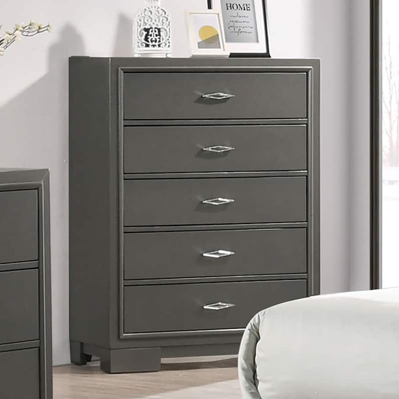 Contemporary 5-Drawer Chest with Acrylic Handles & Bracket Feet, Metallic Grey