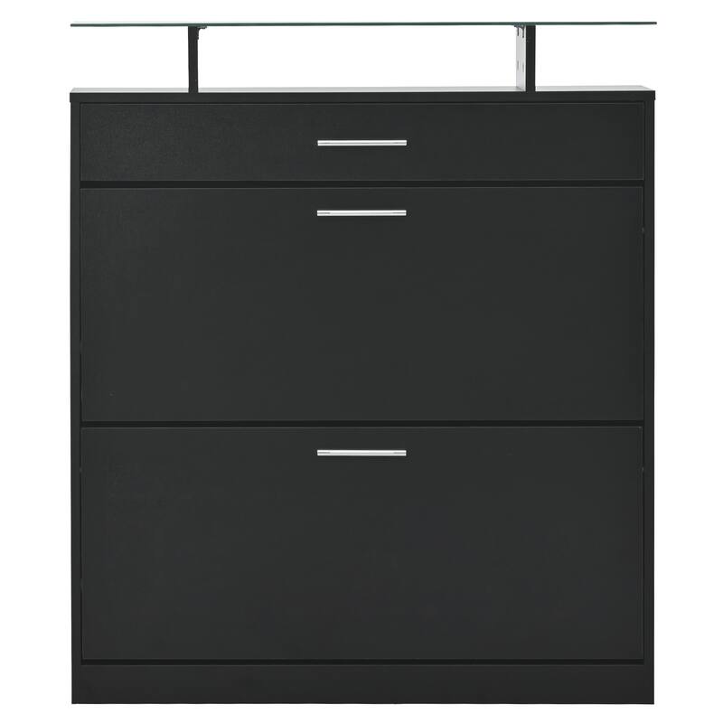 Contemporary Shoe Rack Storage Cabinet with Adjustable Shelves, Tempered Glass Top and LED Lighting, for Hallway Organize