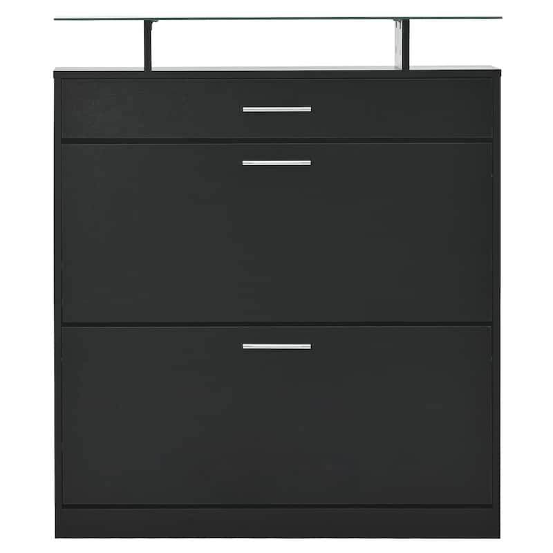 Slim Hidden Shoe Cabinet with 2 Flip Drawers, Tempered Glass Top Shoe Storage Cabinet, Freestanding LED Light Shoe Rack