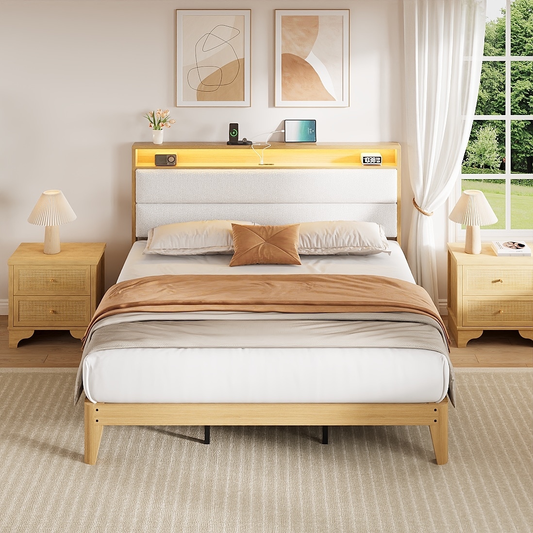 Boucle Bed Frame with LED Lights & Charging Station ,Bed Frame Full with 2 Tier Storage Headboard,No Box Spring Needed