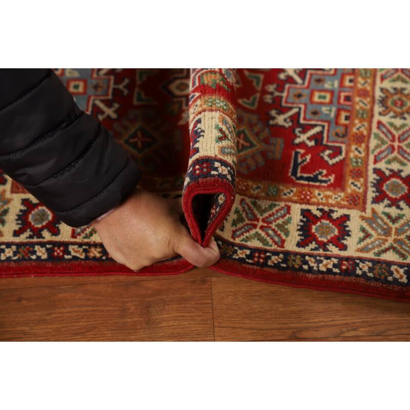 Red Geometric Kazak Accent Rug Handmade Traditional Wool Carpet - 2'0" x 3'0"
