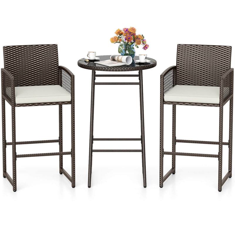 Costway 3 Piece Wicker Patio Bar Set with 2 Seat Cushions Glass - See Details - Mix Brown+Off White
