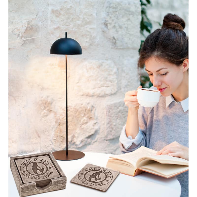 CoTa Global Driftwood Mermaid Coasters with Holder - Set of 6 - 4.9Lx4.9Wx1.5H inches