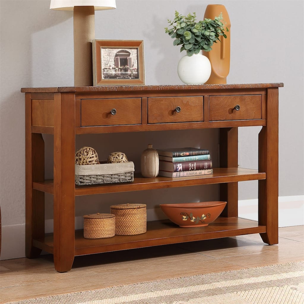 48'' Solid Pine Wood Top Console Table with 3 Storage Drawers