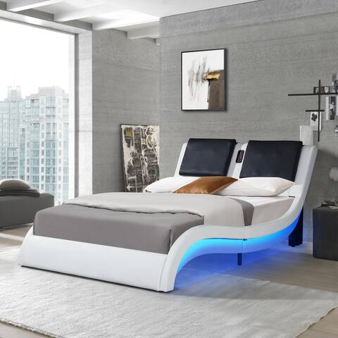 Faux Leather Upholstered Platform Bed Frame with LED Lighting and Curve Design