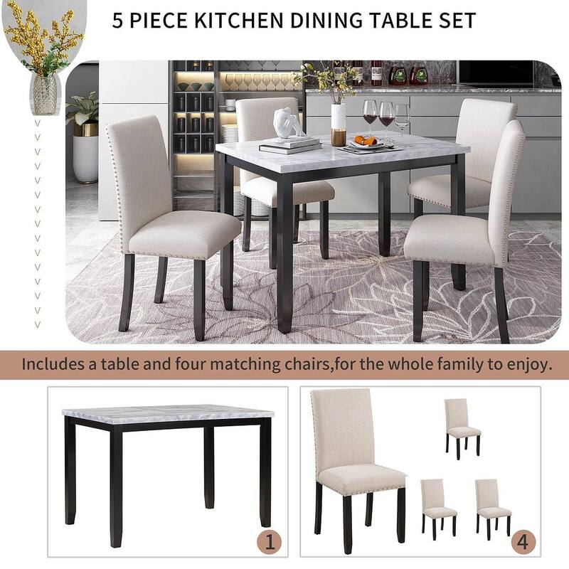5 PCS Faux Marble Dining Set for 4 - Padded Chairs, Perfect for Modern Homes
