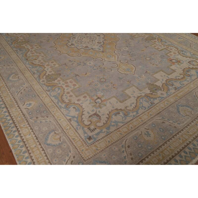 Geometric Tabriz Persian Area Rug Handmade Grey Wool Carpet - 9'3"x 12'4"