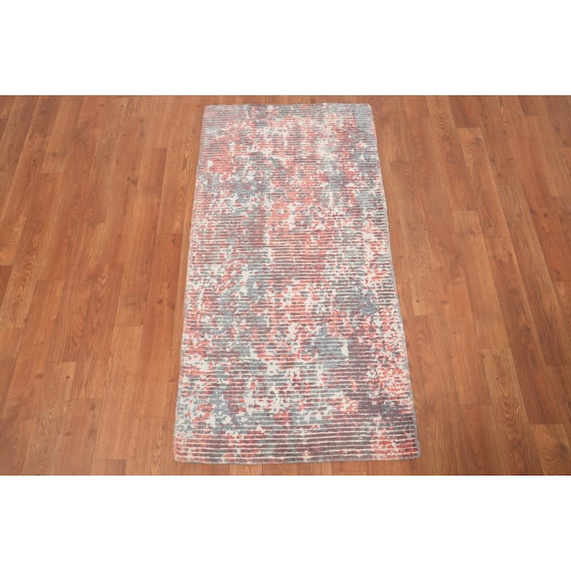 Hand Knotted Oriental Viscose Silk Carpet Modern Abstract Oranges & Rust Abstract Area Rug - 4' 0'' X 2' 0''