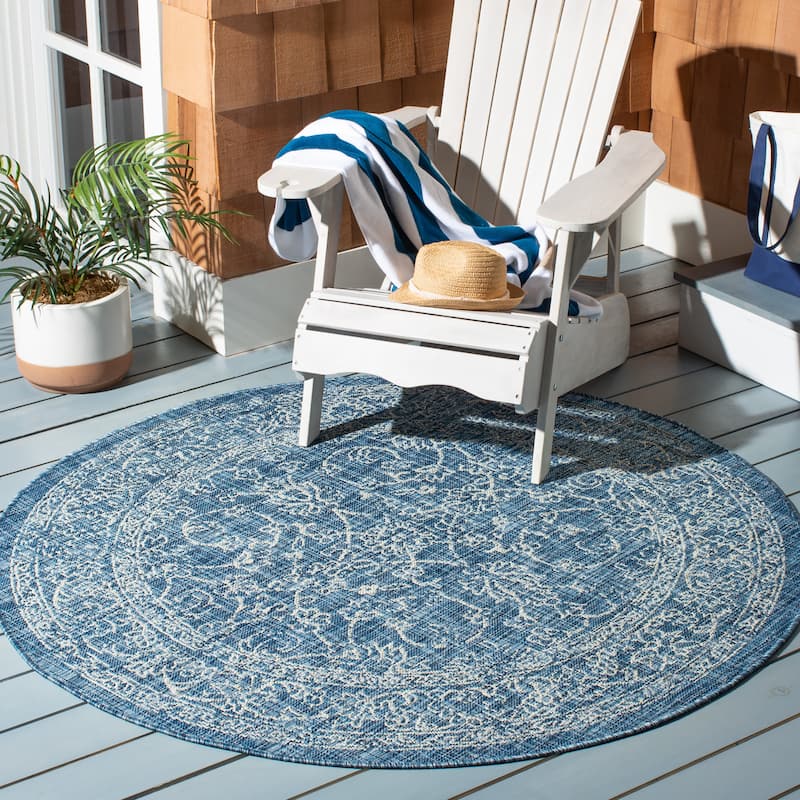 SAFAVIEH Courtyard Aquata Indoor/ Outdoor Waterproof Patio Backyard Rug - 5'3" Round - Navy/Ivory