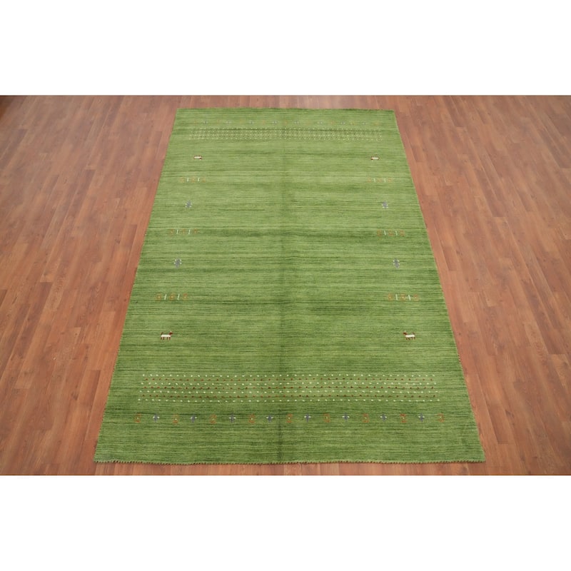 Hand Knotted Oriental 100% Wool Carpet Tribal Animal Pictorial Green Gabbeh Area Rug - 9' 0'' X 5' 10''
