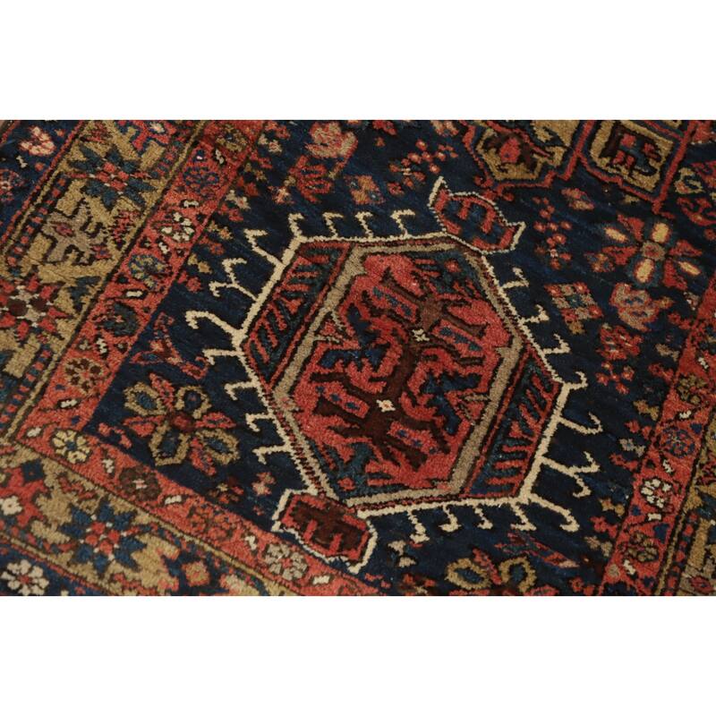 Hand Knotted Oriental 100% Wool Carpet Traditional Tribal Navy Blue & Blues Heriz (serapi) Runner Rug - 14' 5'' X 3' 1''