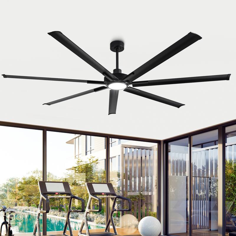 84" Matte Black Dimmable Large Industrial Ceiling Fan with LED Light and Remote - 84 in. D x 84 in. W x 15.3 in. H
