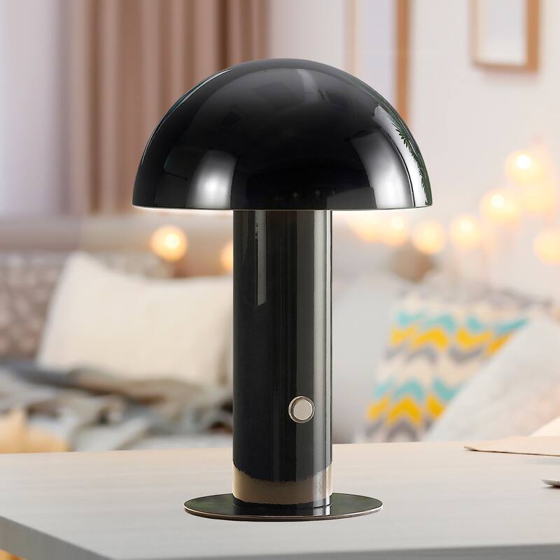 Porcini 10.75" Contemporary Bohemian Rechargeable/Cordless Iron Integrated LED Mushroom Table Lamp, by JONATHAN Y