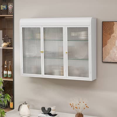 Modern White Glass and Metal Wall Mounted Cabinet with Three Doors for Kitchen Living Room and Bathroom Storage