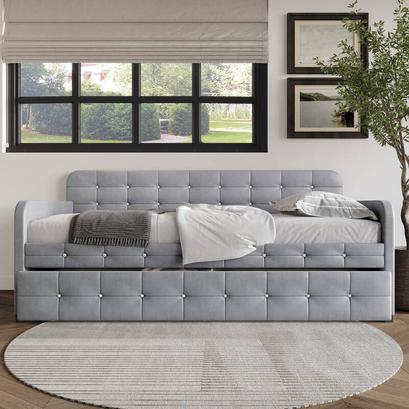 Clayfell Elyria Diamond Button Tufted Velvet Upholstered Daybed - Twin - Grey