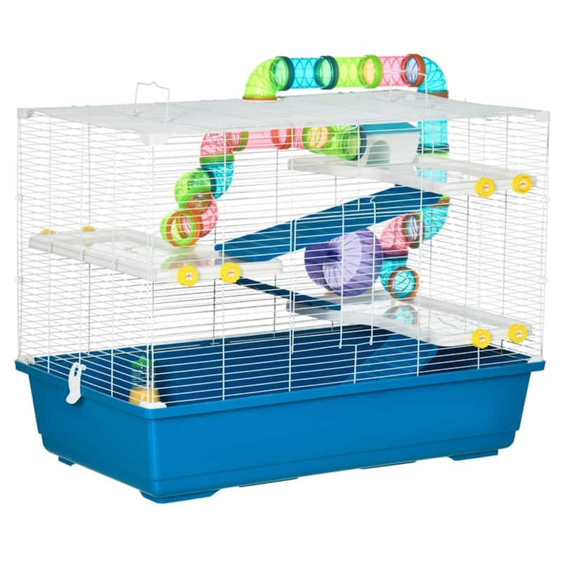 Hamster Cage, Rat House A Tubing System With Multiple Separate Straight Or Curved Pipes - 31" L x 18" W x 23.5" H - Blue-White
