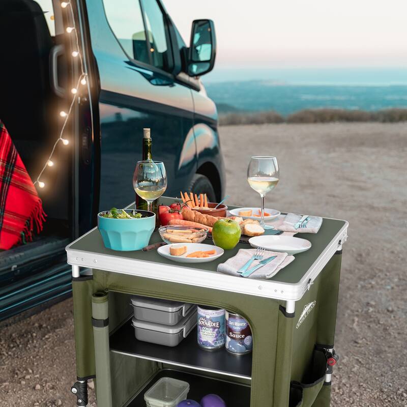 EAGLE PEAK Outdoor Folding Camping Table Easy Set Up Portable Aluminum Camping Kitchen, Beige